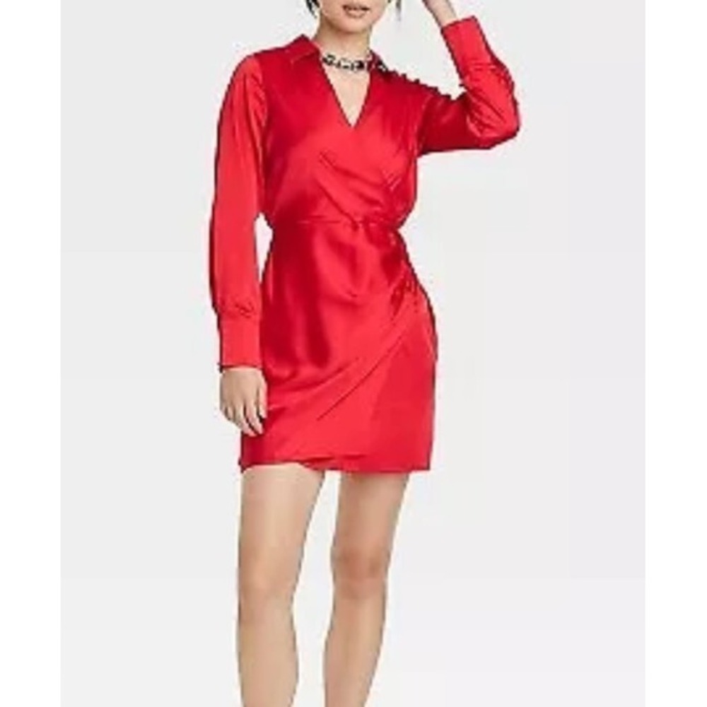 Women's Long Sleeve Satin Shirtdress - A New Day Red size L $30
